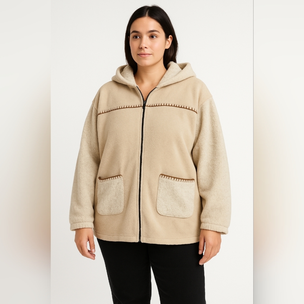 Vintage NY Classics Sherpa Zip Hoodie Jacket Beige Cozy Fleece Trim 3x